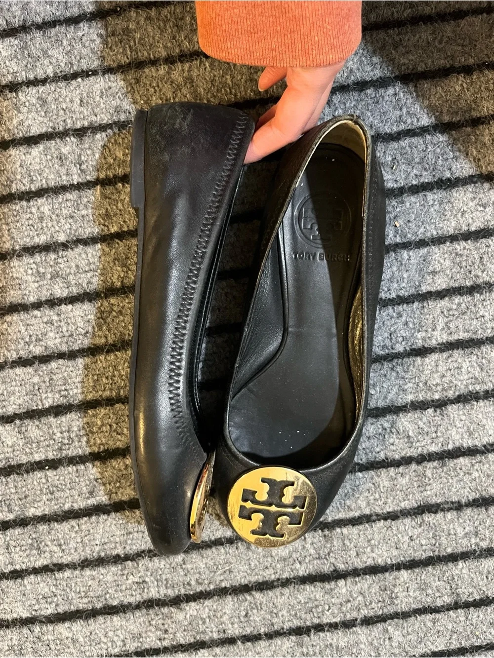 Tory Burch Black Leather Ballet Flats with Gold Logo Medallions